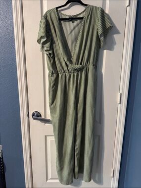 SHEIN Olive Green Stripe Wrap Jumpsuit
